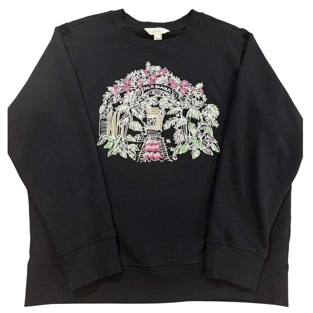 Lilly Pulitzer Palm Beach FL Beaded Embroidered Sweatshirt Black Medium M Cotton